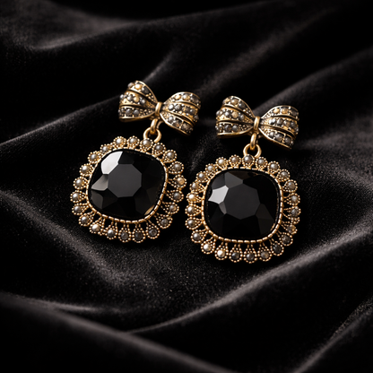 Black Crystal Bow Statement Drop Earrings