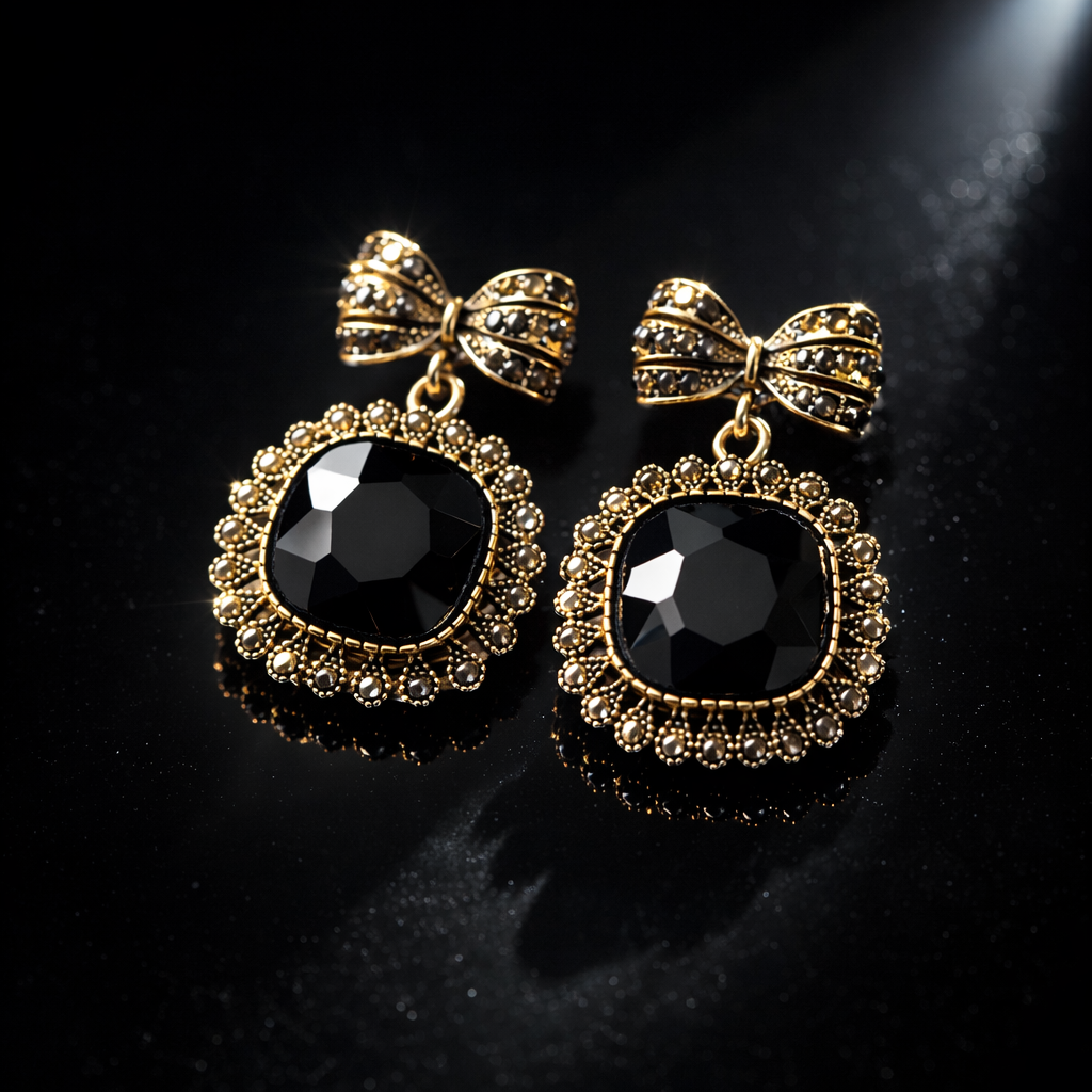 Black Crystal Bow Statement Drop Earrings