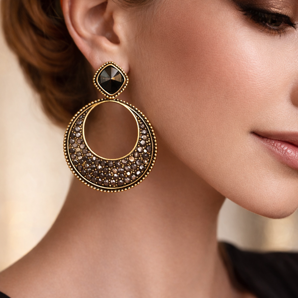 Oxidized Black Crystal Circle Drop Earrings