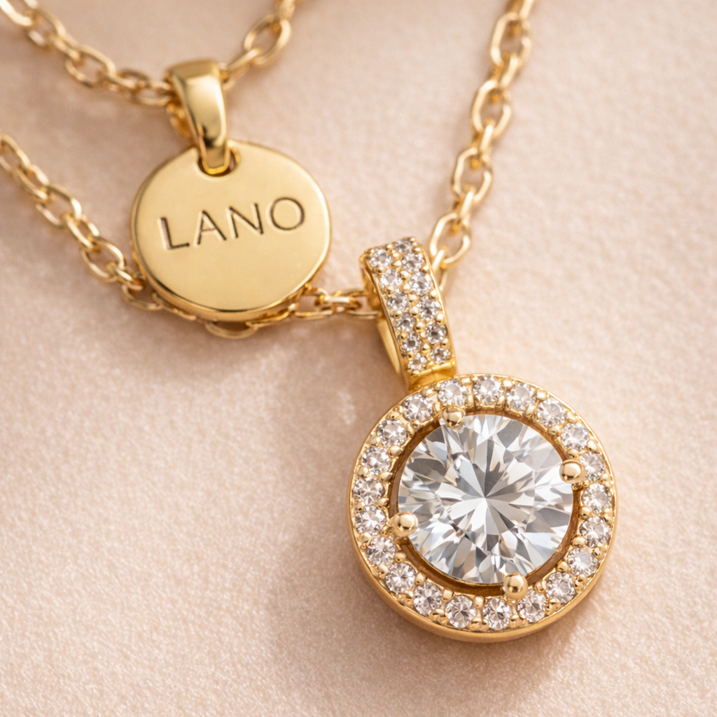 Gold Layered Halo Crystal Pendant Necklace