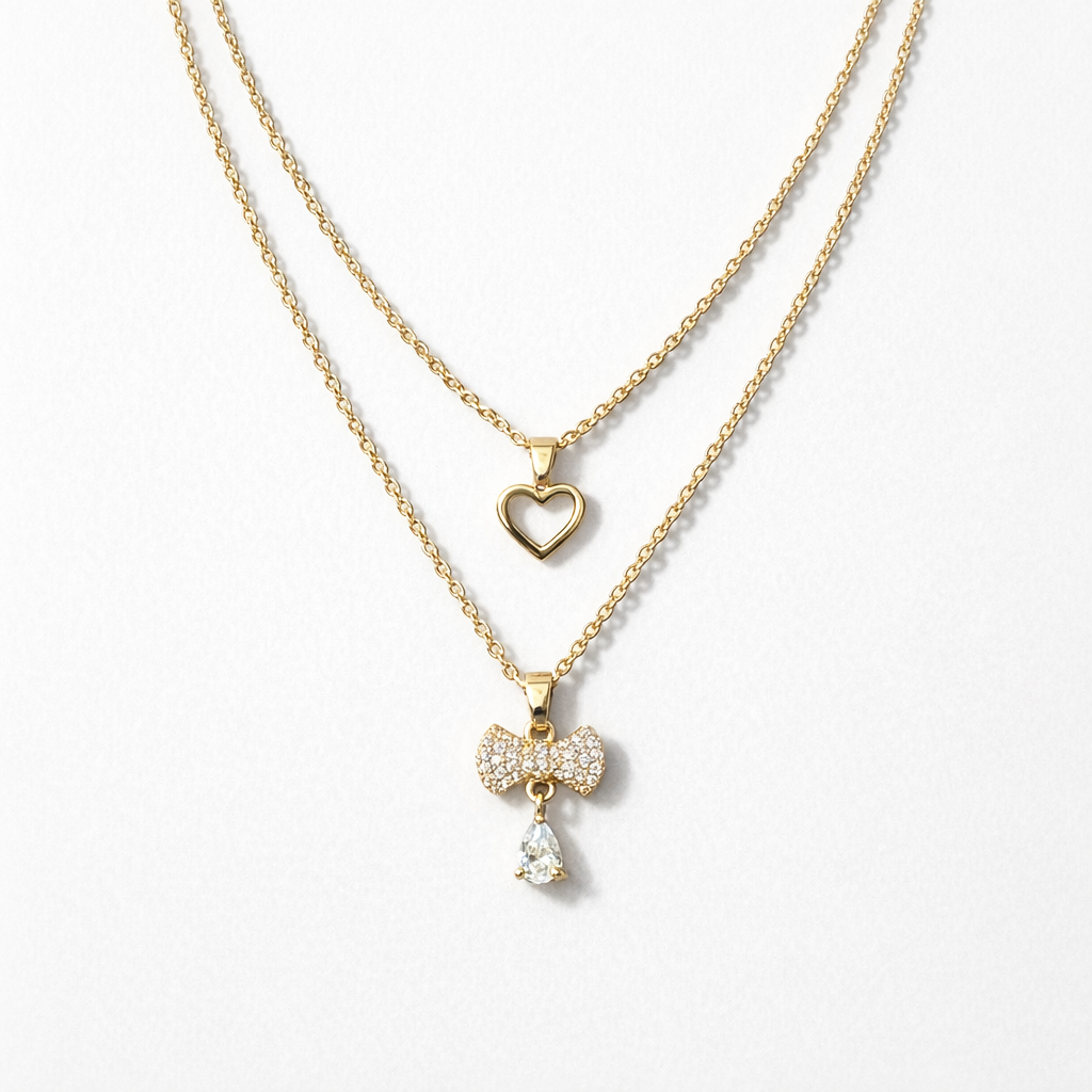 Layered Gold Heart & Bow Charm Necklace