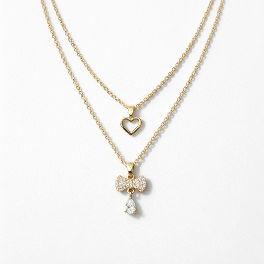 Layered Gold Heart & Bow Charm Necklace
