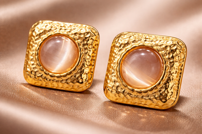 Gold Square Stone Statement Stud Earrings