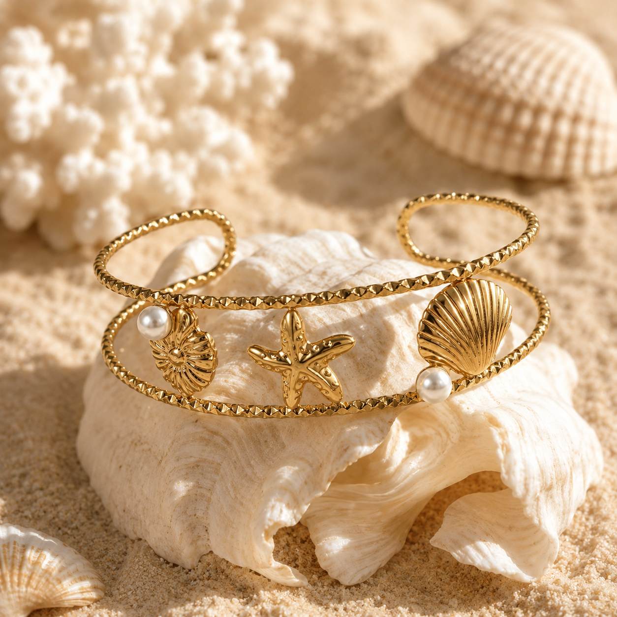 Pearl Seashell Starfish Gold Cuff Bracelet