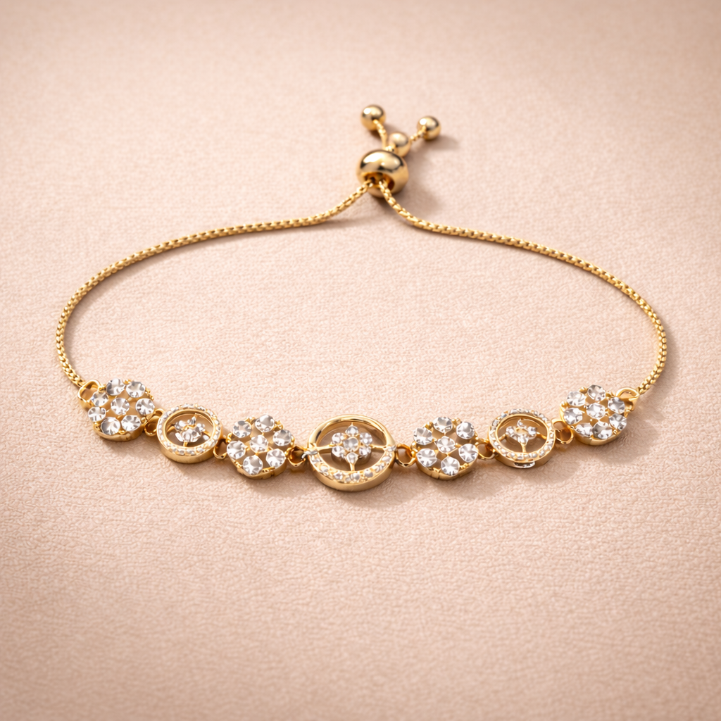 Gold Crystal Floral Charm Adjustable Bracelet