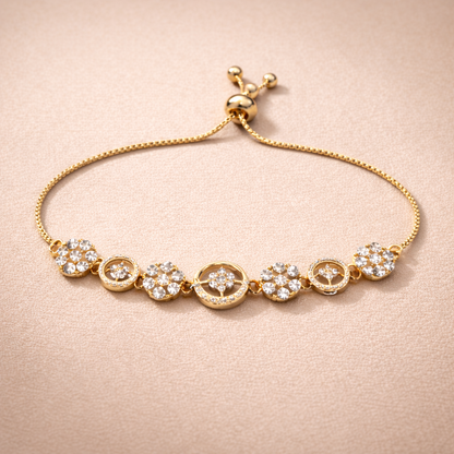 Gold Crystal Floral Charm Adjustable Bracelet