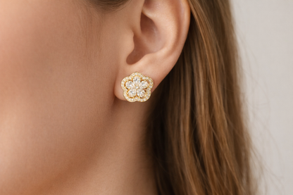 Gold Crystal Flower Stud Earrings