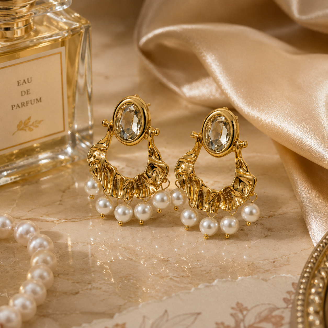Gold Pearl Drop Statement Earrings