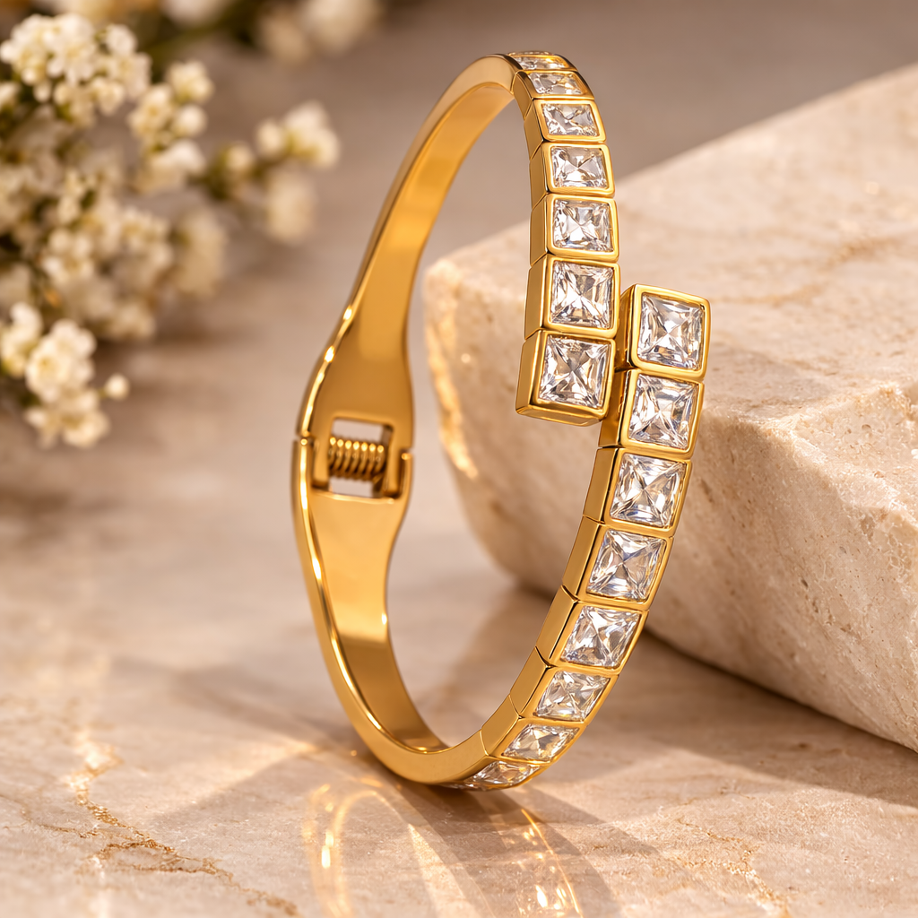 Princess Cut Crystal Gold Bangle