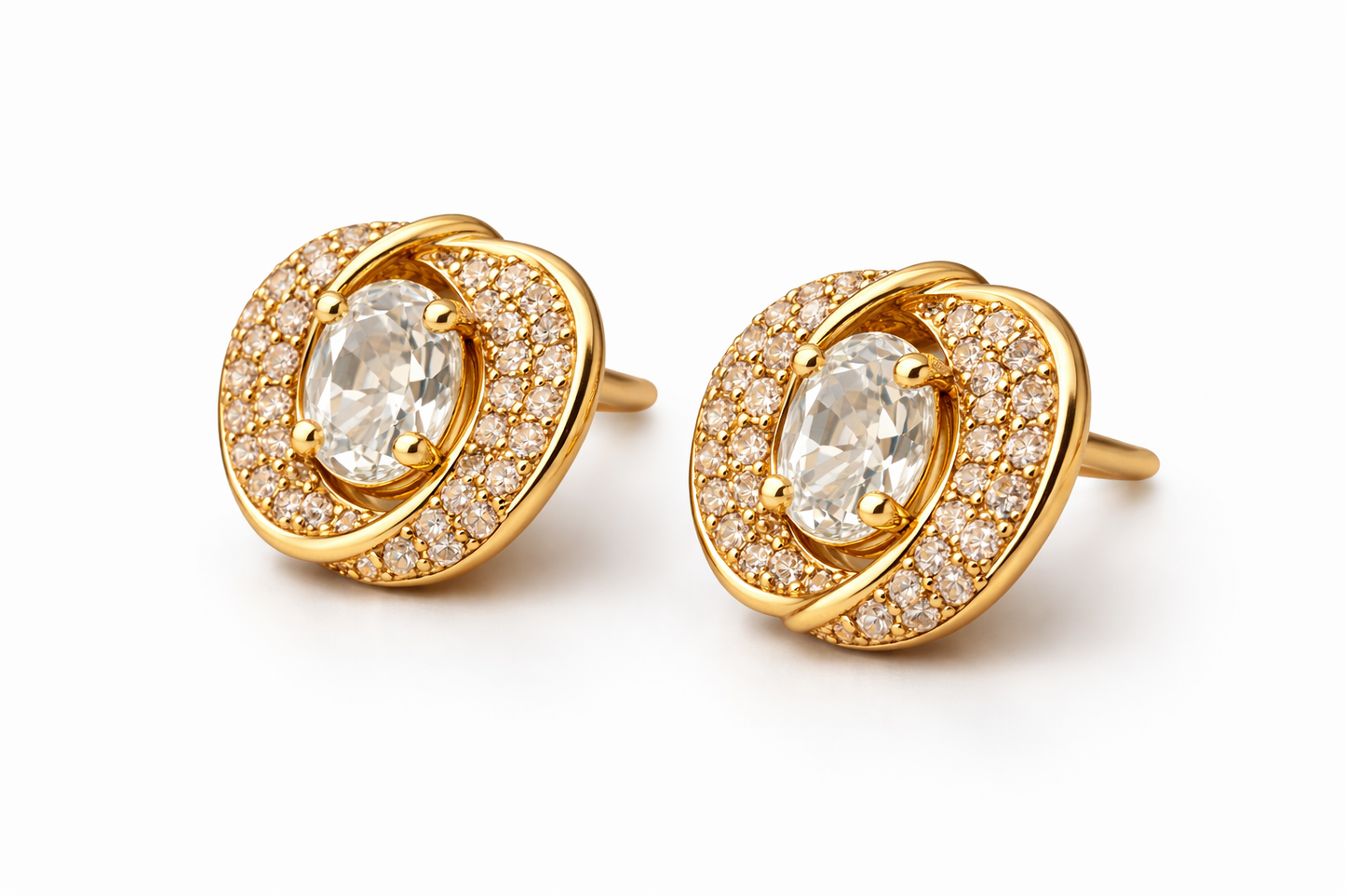 Gold Oval Crystal Halo Stud Earrings