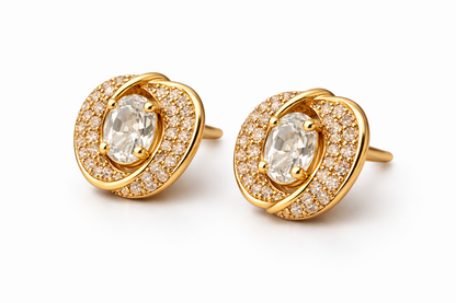 Gold Oval Crystal Halo Stud Earrings