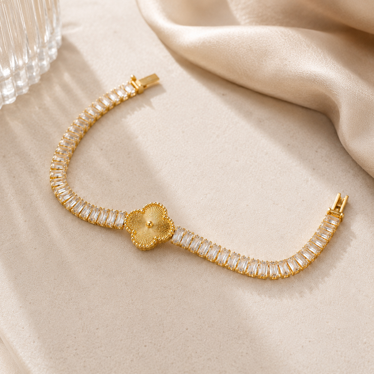Golden Clover Crystal Tennis Bracelet