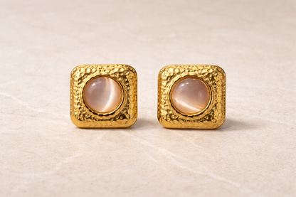 Gold Square Stone Statement Stud Earrings