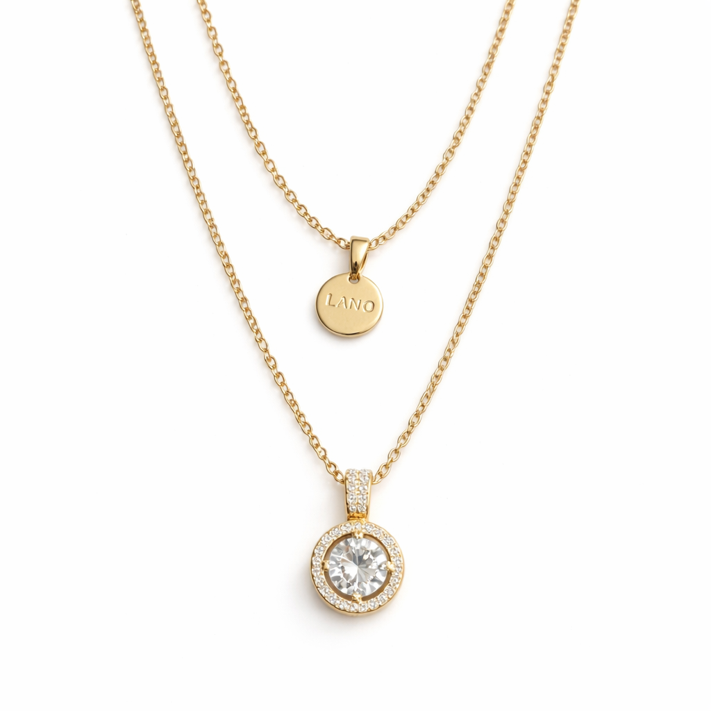 Gold Layered Halo Crystal Pendant Necklace