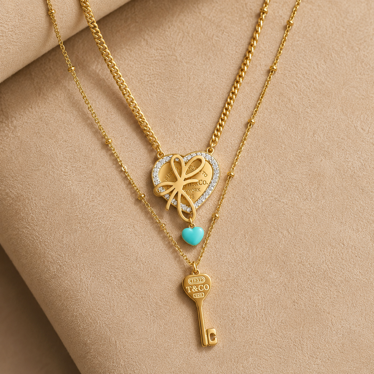 Gold Heart Charm Necklace with Key Pendant