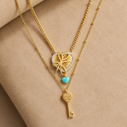 Gold Heart Charm Necklace with Key Pendant