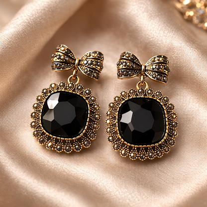 Black Crystal Bow Statement Drop Earrings