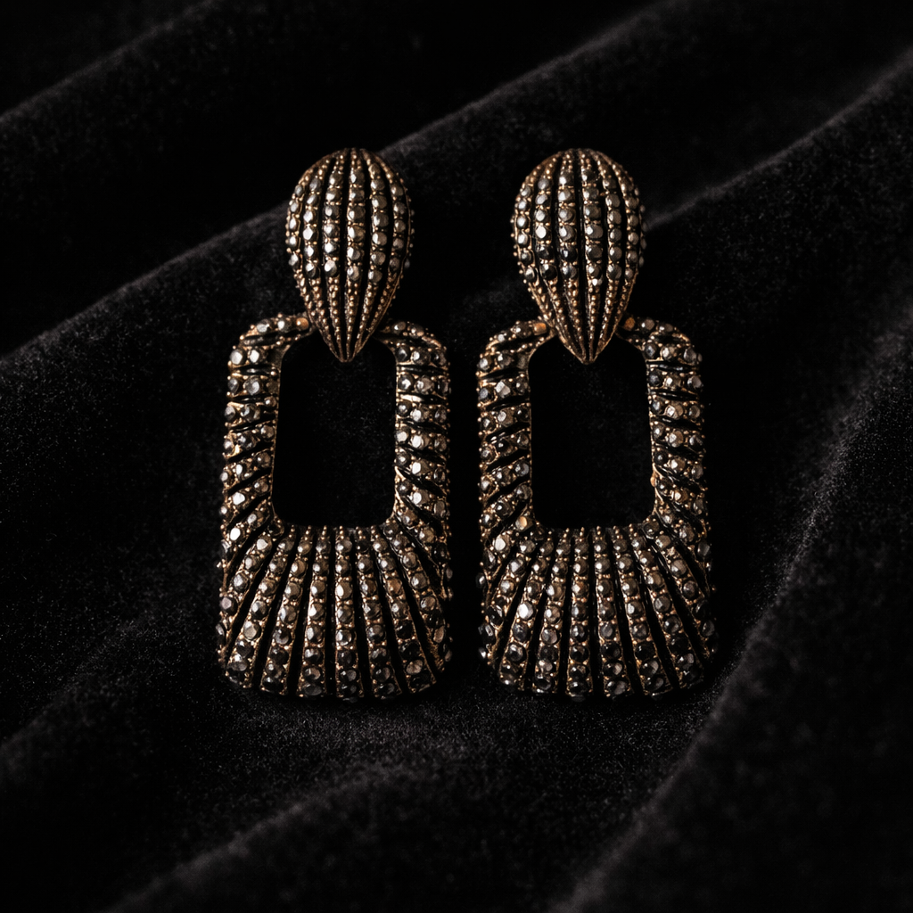 Oxidized Black Crystal Hollow Rectangle Drop Earrings