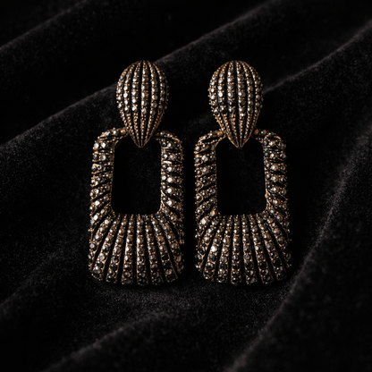 Oxidized Black Crystal Hollow Rectangle Drop Earrings