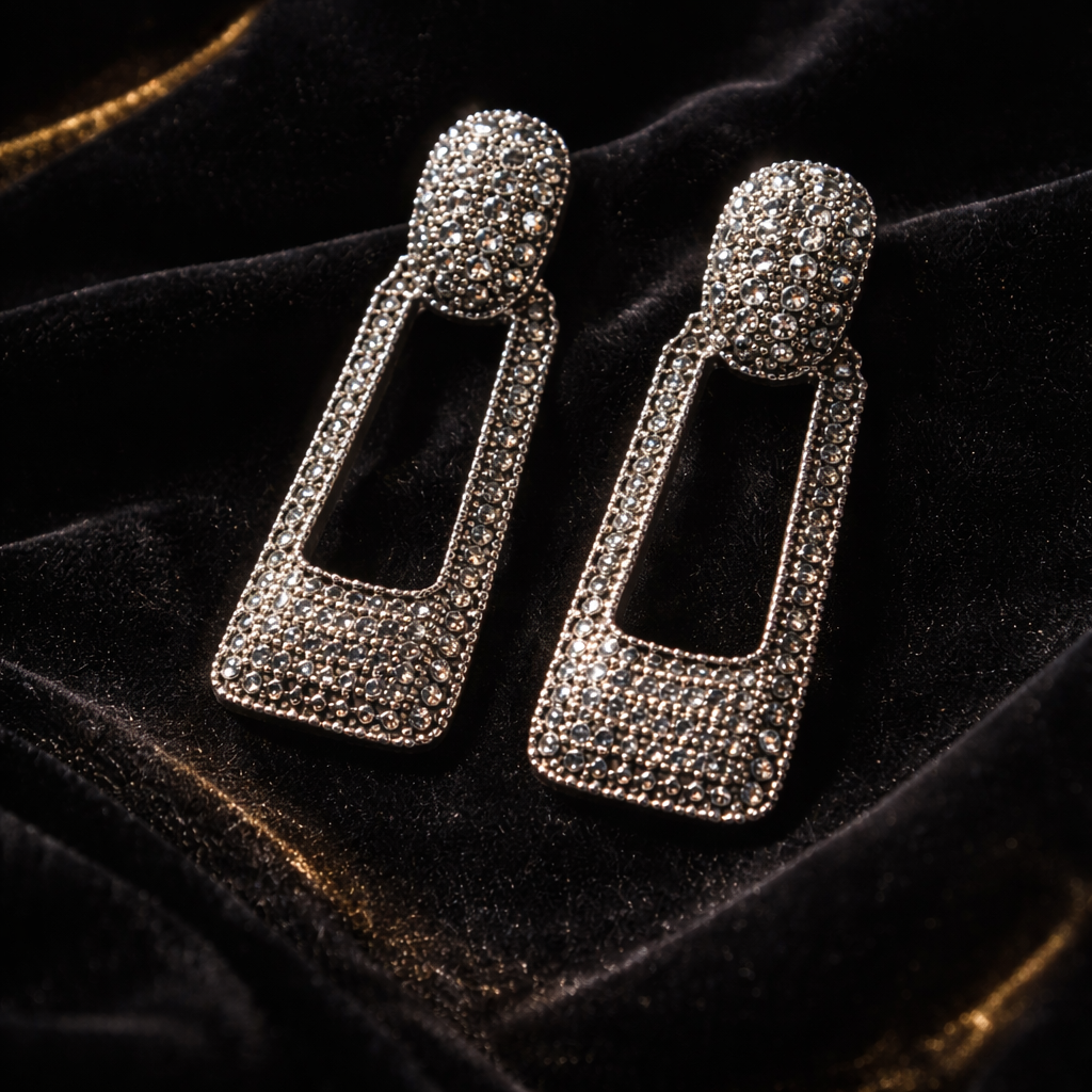 Silver Crystal Hollow Rectangle Earrings