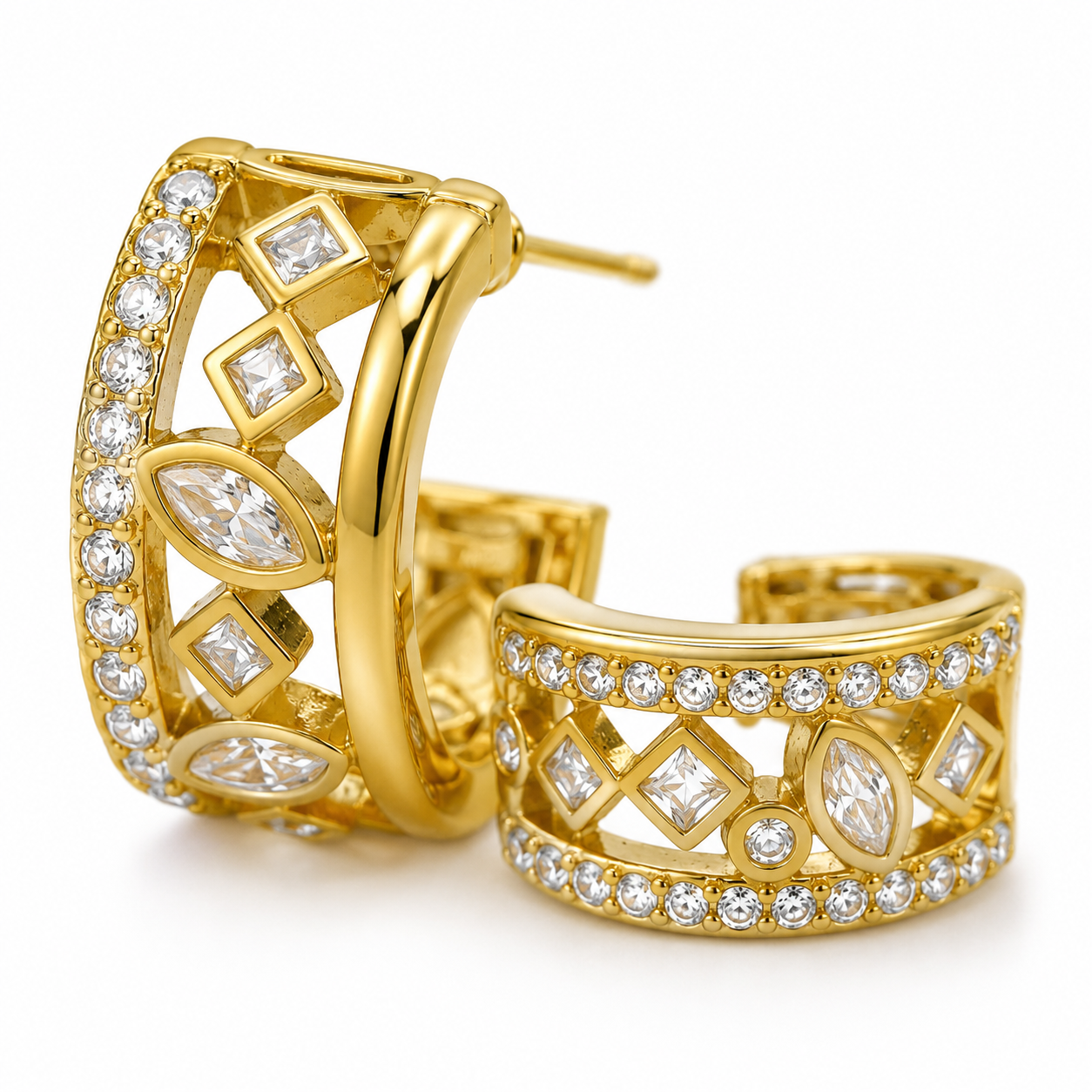 Gold Geometric Crystal Huggie Earrings