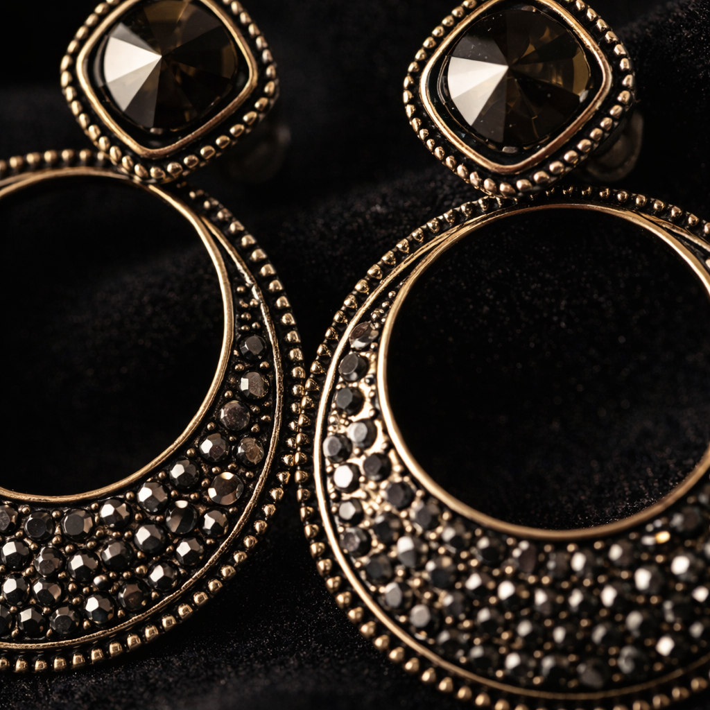 Oxidized Black Crystal Circle Drop Earrings