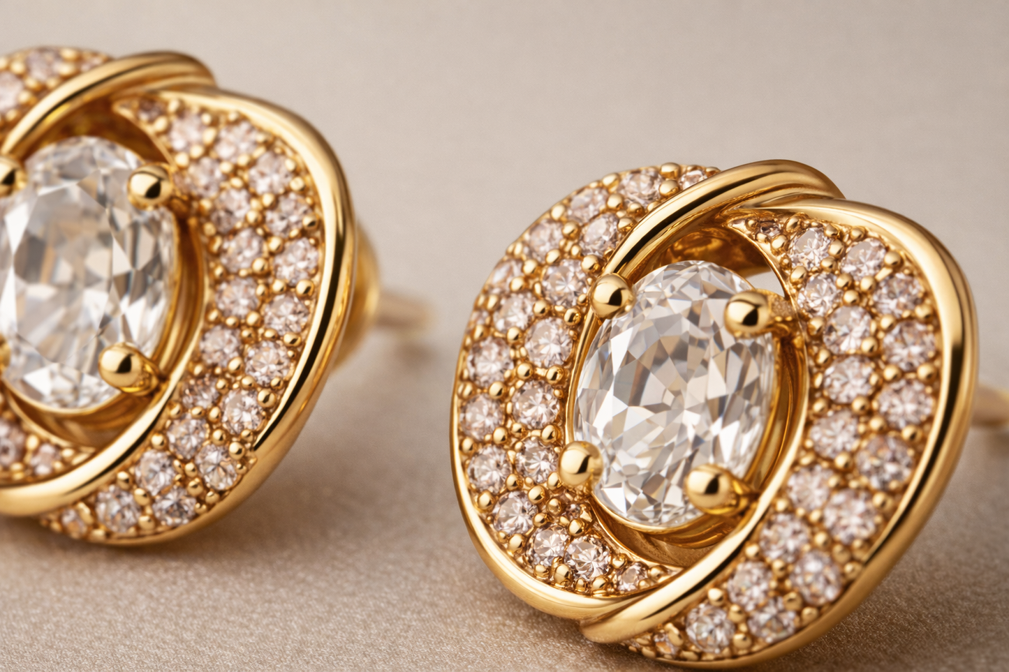 Gold Oval Crystal Halo Stud Earrings