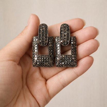 Oxidized Crystal Geometric Square Drop Earrings