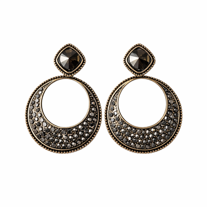 Oxidized Black Crystal Circle Drop Earrings