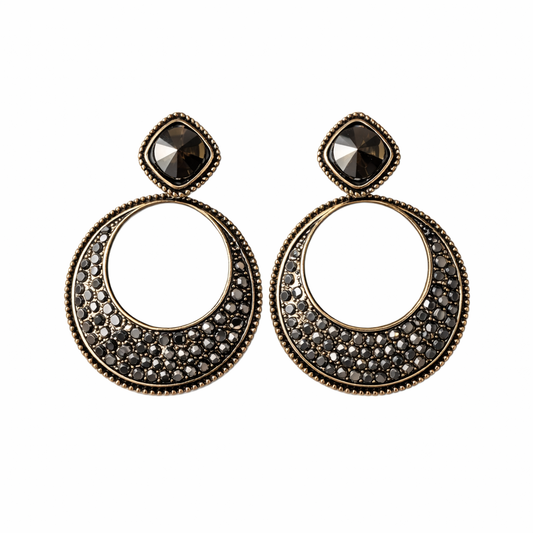 Oxidized Black Crystal Circle Drop Earrings