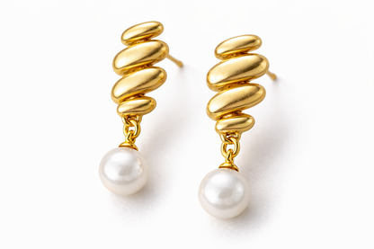 Gold Wing Pearl Drop Stud Earrings