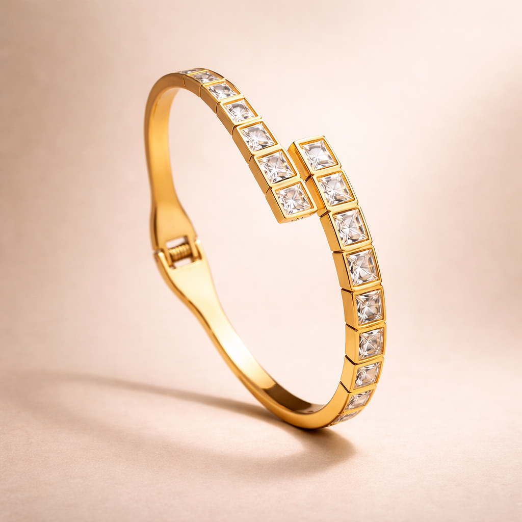Princess Cut Crystal Gold Bangle