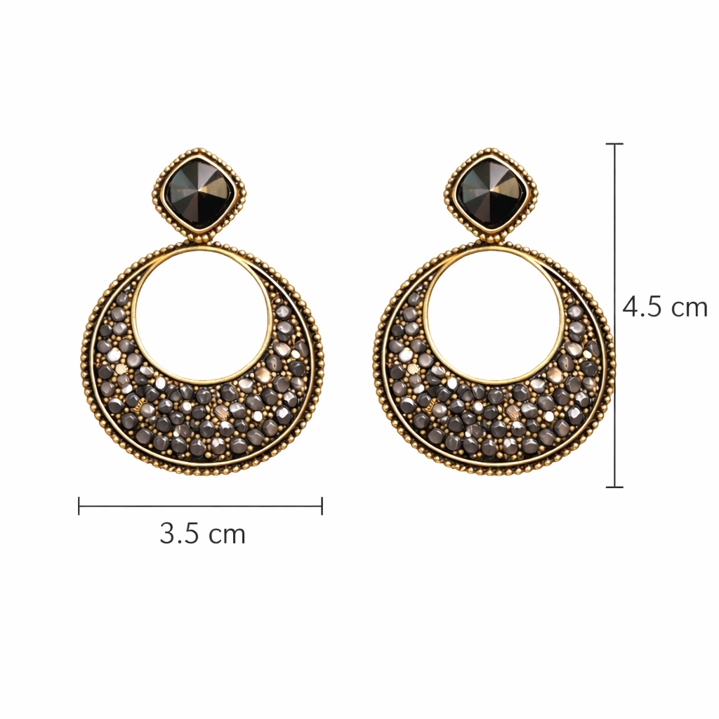 Oxidized Black Crystal Circle Drop Earrings