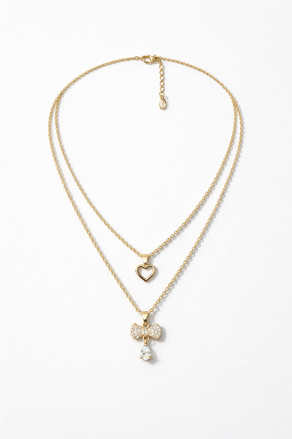 Layered Gold Heart & Bow Charm Necklace