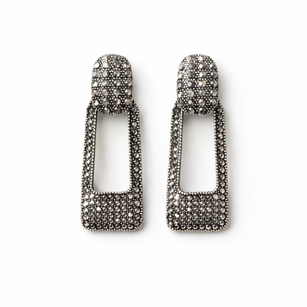 Silver Crystal Hollow Rectangle Earrings