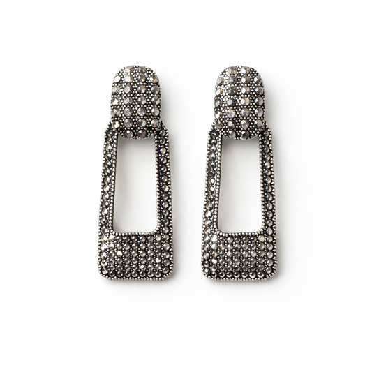Silver Crystal Hollow Rectangle Earrings