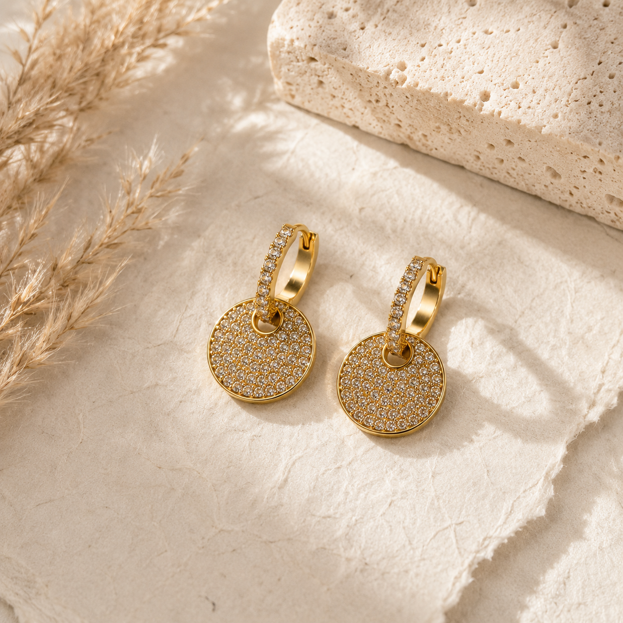 Gold Pavé Disc Huggie Earrings
