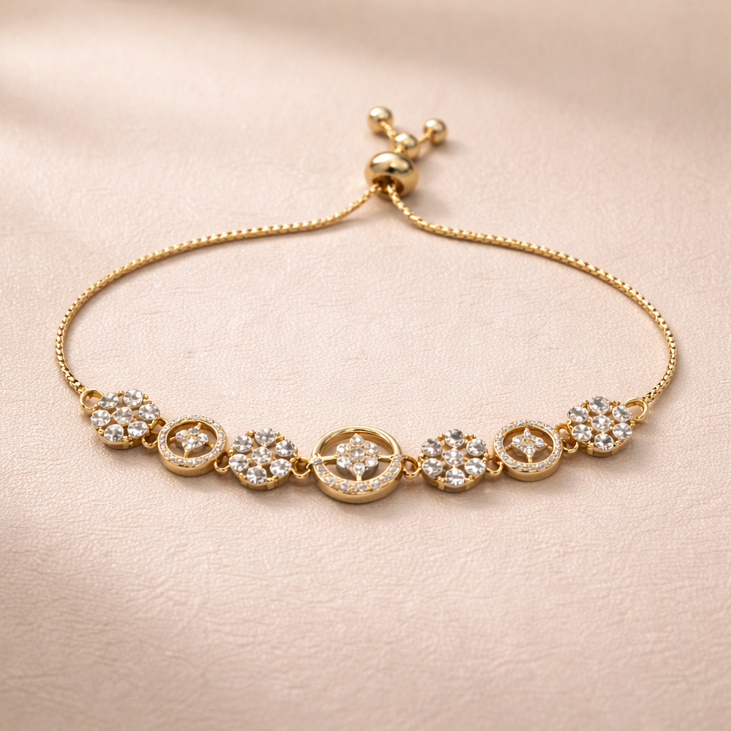 Gold Crystal Floral Charm Adjustable Bracelet