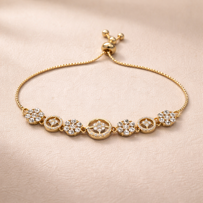 Gold Crystal Floral Charm Adjustable Bracelet