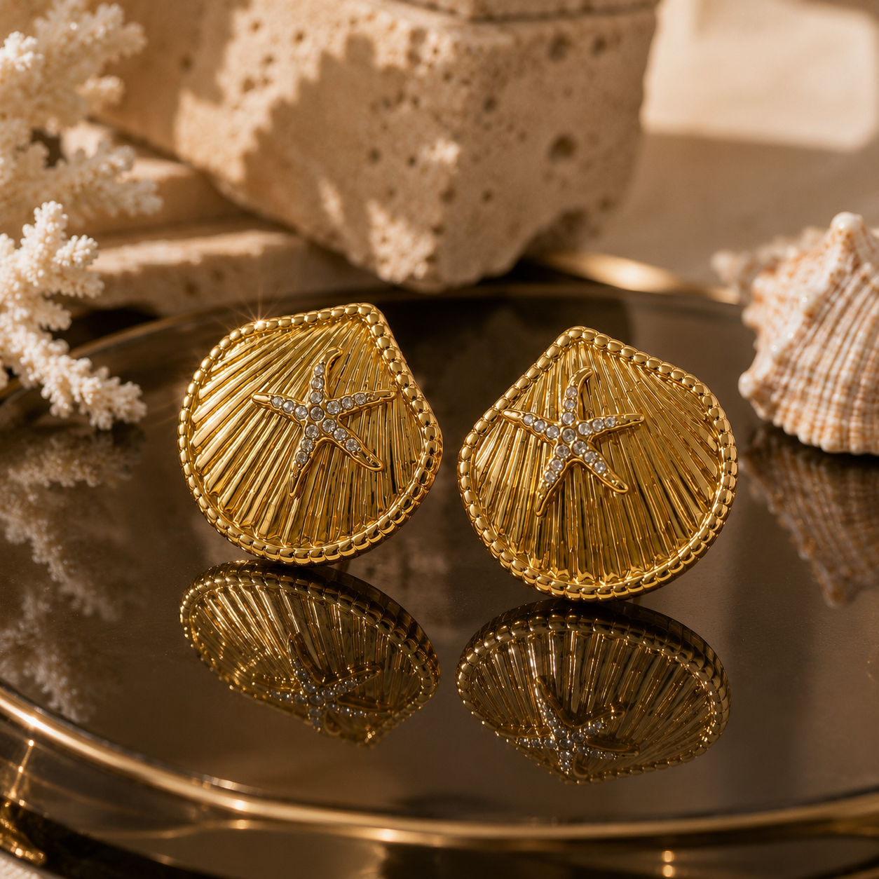 Gold Starfish Disc Statement Earrings