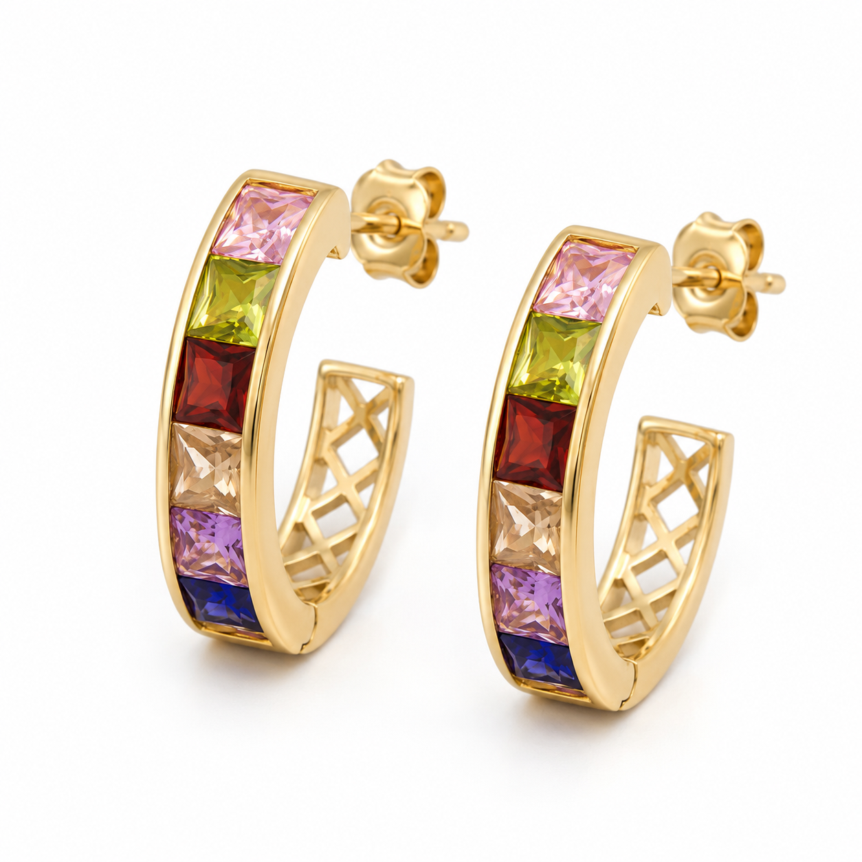 Gold Rainbow Crystal Hoop Earrings