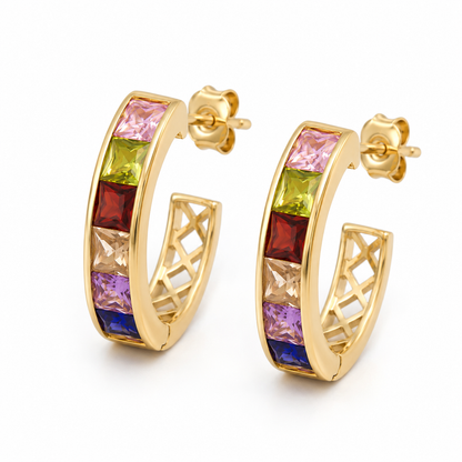 Gold Rainbow Crystal Hoop Earrings