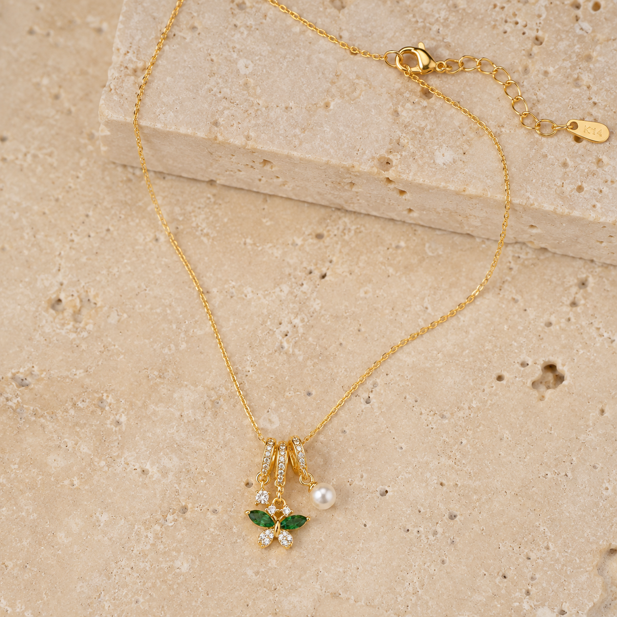 Gold Green Butterfly Charm Necklace