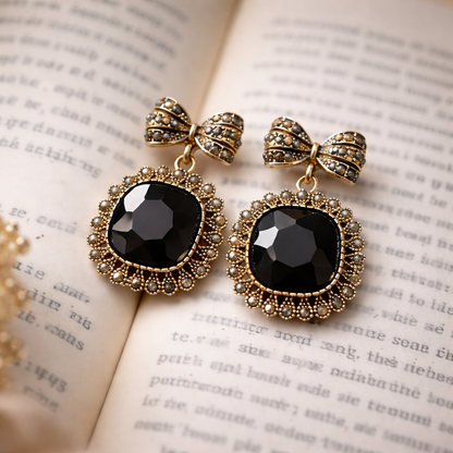 Black Crystal Bow Statement Drop Earrings