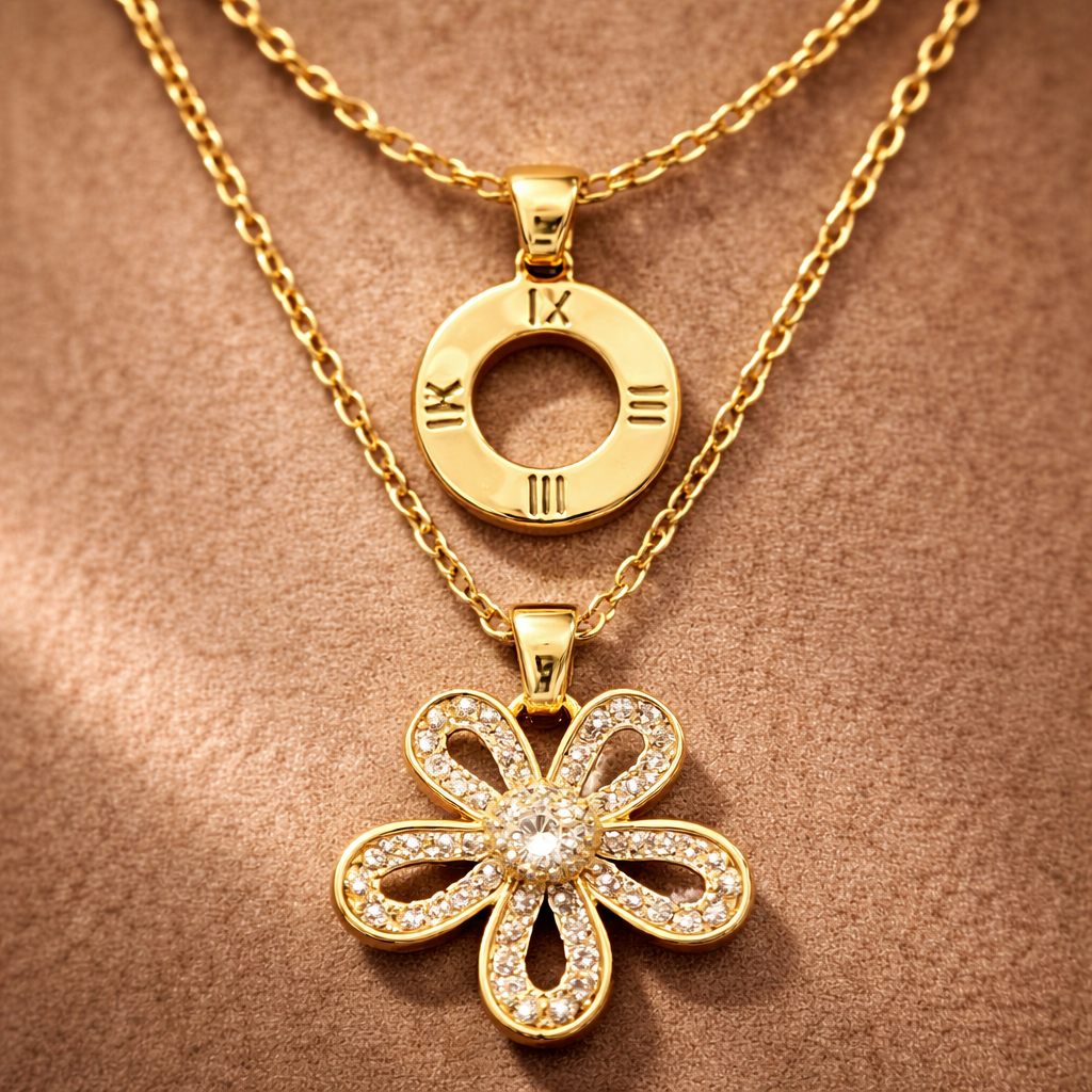 Gold Layered Roman Numeral & Flower Pendant Necklace