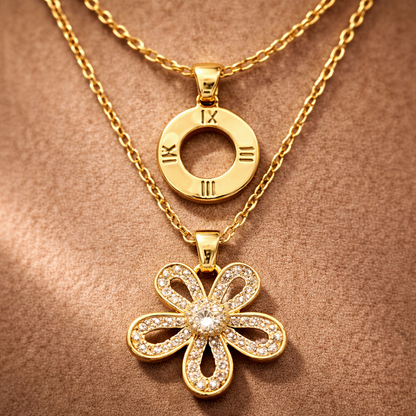 Gold Layered Roman Numeral & Flower Pendant Necklace