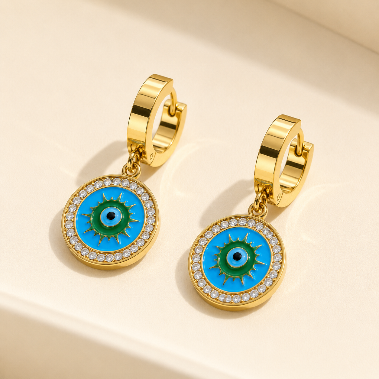 Gold Evil Eye Charm Huggie Earrings
