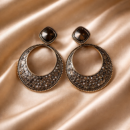 Oxidized Black Crystal Circle Drop Earrings