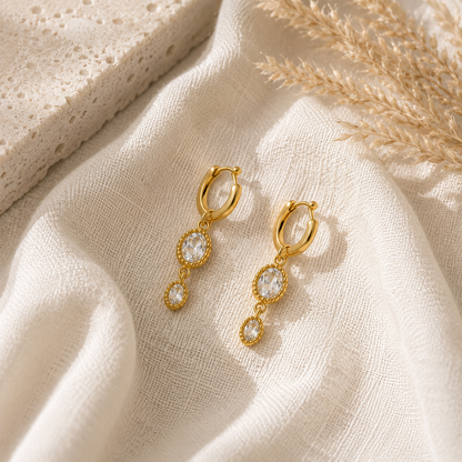 Gold Oval Crystal Drop Huggie Earrings