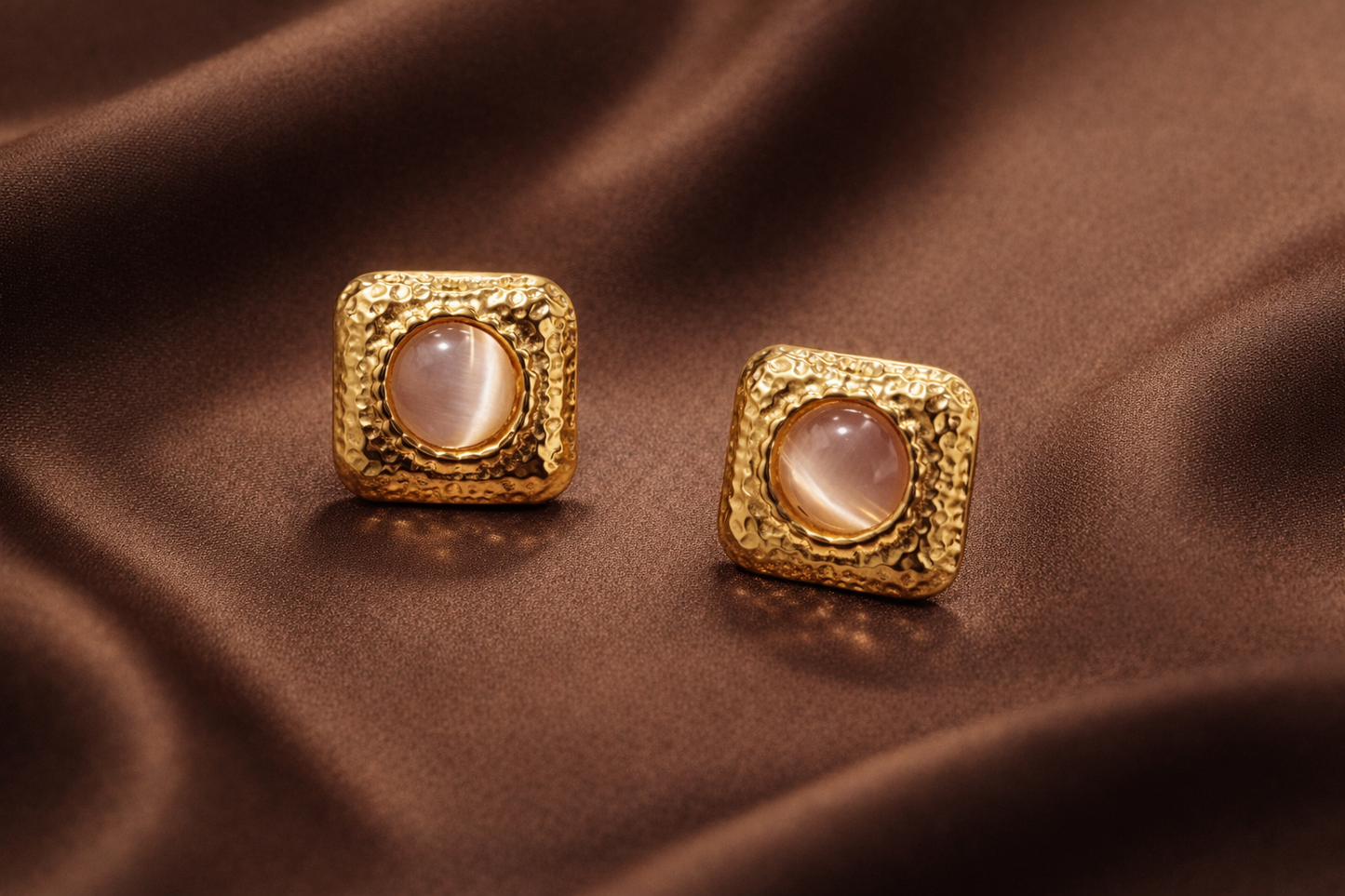 Gold Square Stone Statement Stud Earrings